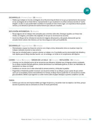 Planes de clases / Guía Didáctica / Módulo: Expresar, crear y apreciar / Artes Visuales / 4° Básico / 1er semestre 29
CLASE
10
DESARROLLO / Primera fase / 20 minutos
•	 Pídales que trabajen en los dos rectángulos de arriba de la hoja de block en la que ya representaron dos escenas
en las rectángulos de la mitad inferior, representando lo que visualizaron en ambas ventanas durante el “sueño
dirigido”, es decir, lo que puede haber sucedido en el pasado en este mismo lugar: a la izquierda arriba el pasado
remoto y a la derecha el período de nuestra historia que cada uno visualizó.
REFLEXIÓN INTERMEDIA / 5 minutos
•	 Recoja algunos de los trabajos más avanzados para comentar sobre ellos. Destaque aquellos con líneas más
nítidas, con ángulos y encuadres más originales, en los que se reconozcan las acciones.
•	 Asocie los dibujos de los niños(as) al colorido de imágenes del presente y del pasado, destacando que las
actuales tienen colores más intensos y en las más antiguas el color ya ha palidecido.
DESARROLLO / Segunda fase / 15 minutos
•	 Motívelos(as) a repasar las líneas de contorno con el lápiz a tinta, destacando cómo se visualizan mejor los
trabajos realizados durante la clase anterior.
•	 Deje que los niños(as) opten si quieren colorear su trabajo o no. Es probable que los alumnos(as) más dotados y
más rápidos para el dibujo decidan hacerlo así, sin embargo, no incide en el cumplimiento del objetivo.
CIERRE / Sobran 5 minutos / ORDEN DE LA SALA / 10 minutos / REFLEXIÓN / 15 minutos
•	 Converse con los niños(as) acerca de las secuencias que dibujaron. Acláreles que el lenguaje artístico empleado
fue el dibujo, también llamado grafismo, donde demostraron sus habilidades gráficas, es decir, las habilidades de
representar sus ideas con líneas.
•	 Establezca un vínculo con el video observado la semana anterior y ofrézcales la palabra.
•	 Pregúnteles si finalmente pueden reconocer una secuencia similar en sus dibujos, ya que a pesar de que comen-
zaron por la actualidad y fueron retrocediendo en el tiempo, el dibujo final se puede leer en una secuencia cronoló-
gica ascendente, debido a que siguieron un orden inverso sobre el papel. Destaque a quienes cumplieron con ello.
TAREA
•	 Enfatice que esta vez será imprescindible que hagan el ejercicio y recuerden traer los objetos o las fotos, porque
durante la próxima clase se centrarán en armar el rincón patrimonial.
 