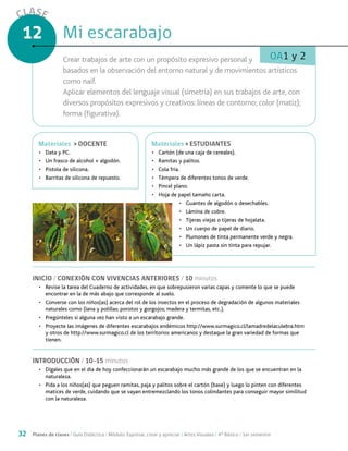 32 Planes de clases / Guía Didáctica / Módulo: Expresar, crear y apreciar / Artes Visuales / 4° Básico / 1er semestre
CLASE
12
OA1 y 2
INICIO / CONEXIÓN CON VIVENCIAS ANTERIORES / 10 minutos
•	 Revise la tarea del Cuaderno de actividades, en que sobrepusieron varias capas y comente lo que se puede
encontrar en la de más abajo que corresponde al suelo.
•	 Converse con los niños(as) acerca del rol de los insectos en el proceso de degradación de algunos materiales
naturales como (lana y polillas; porotos y gorgojos; madera y termitas, etc.).
•	 Pregúnteles si alguna vez han visto a un escarabajo grande.
•	 Proyecte las imágenes de diferentes escarabajos endémicos http://www.surmagico.cl/lamadredelaculebra.htm
y otros de http://www.surmagico.cl de los territorios americanos y destaque la gran variedad de formas que
tienen.
INTRODUCCIÓN / 10-15 minutos
•	 Dígales que en el día de hoy confeccionarán un escarabajo mucho más grande de los que se encuentran en la
naturaleza.
•	 Pida a los niños(as) que peguen ramitas, paja y palitos sobre el cartón (base) y luego lo pinten con diferentes
matices de verde, cuidando que se vayan entremezclando los tonos colindantes para conseguir mayor similitud
con la naturaleza.
Mi escarabajoMi escarabajo
Crear trabajos de arte con un propósito expresivo personal y
basados en la observación del entorno natural y de movimientos artísticos
como naif.
Aplicar elementos del lenguaje visual (simetría) en sus trabajos de arte, con
diversos propósitos expresivos y creativos: líneas de contorno; color (matiz);
forma (figurativa).
MaterialesMateriales > ESTUDIANTES
•	 Cartón (de una caja de cereales).
•	 Ramitas y palitos.
•	 Cola fría.
•	 Témpera de diferentes tonos de verde.
•	 Pincel plano.
•	 Hoja de papel tamaño carta.
•	 Guantes de algodón o desechables.
•	 Lámina de cobre.
•	 Tijeras viejas o tijeras de hojalata.
•	 Un cuerpo de papel de diario.
•	 Plumones de tinta permanente verde y negra.
•	 Un lápiz pasta sin tinta para repujar.
MaterialesMateriales > DOCENTE
•	 Data y PC.
•	 Un frasco de alcohol + algodón.
•	 Pistola de silicona.
•	 Barritas de silicona de repuesto.
 
