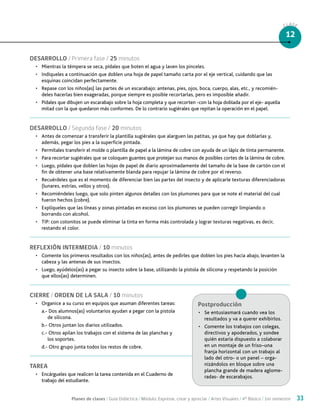 Planes de clases / Guía Didáctica / Módulo: Expresar, crear y apreciar / Artes Visuales / 4° Básico / 1er semestre 33
CLASE
12
DESARROLLO / Primera fase / 25 minutos
•	 Mientras la témpera se seca, pídales que boten el agua y laven los pinceles.
•	 Indíqueles a continuación que doblen una hoja de papel tamaño carta por el eje vertical, cuidando que las
esquinas coincidan perfectamente.
•	 Repase con los niños(as) las partes de un escarabajo: antenas, pies, ojos, boca, cuerpo, alas, etc., y recomién-
deles hacerlas bien exageradas, porque siempre es posible recortarlas, pero es imposible añadir.
•	 Pídales que dibujen un escarabajo sobre la hoja completa y que recorten -con la hoja doblada por el eje- aquella
mitad con la que quedaron más conformes. De lo contrario sugiérales que repitan la operación en el papel.
DESARROLLO / Segunda fase / 20 minutos
•	 Antes de comenzar a transferir la plantilla sugiérales que alarguen las patitas, ya que hay que doblarlas y,
además, pegar los pies a la superficie pintada.
•	 Permítales transferir el molde o plantilla de papel a la lámina de cobre con ayuda de un lápiz de tinta permanente.
•	 Para recortar sugiérales que se coloquen guantes que protejan sus manos de posibles cortes de la lámina de cobre.
•	 Luego, pídales que doblen las hojas de papel de diario aproximadamente del tamaño de la base de cartón con el
fin de obtener una base relativamente blanda para repujar la lámina de cobre por el reverso.
•	 Recuérdeles que es el momento de diferenciar bien las partes del insecto y de aplicarle texturas diferenciadoras
(lunares, estrías, vellos y otros).
•	 Recomiéndeles luego, que solo pinten algunos detalles con los plumones para que se note el material del cual
fueron hechos (cobre).
•	 Explíqueles que las líneas y zonas pintadas en exceso con los plumones se pueden corregir limpiando o
borrando con alcohol.
•	 TIP: con cotonitos se puede eliminar la tinta en forma más controlada y lograr texturas negativas, es decir,
restando el color.
REFLEXIÓN INTERMEDIA / 10 minutos
•	 Comente los primeros resultados con los niños(as), antes de pedirles que doblen los pies hacia abajo, levanten la
cabeza y las antenas de sus insectos.
•	 Luego, ayúdelos(as) a pegar su insecto sobre la base, utilizando la pistola de silicona y respetando la posición
que ellos(as) determinen.
CIERRE / ORDEN DE LA SALA / 10 minutos
•	 Organice a su curso en equipos que asuman diferentes tareas:
a.- Dos alumnos(as) voluntarios ayudan a pegar con la pistola
de silicona.
b.- Otros juntan los diarios utilizados.
c.- Otros apilan los trabajos con el sistema de las planchas y
los soportes.
d.- Otro grupo junta todos los restos de cobre.
TAREA
•	 Encárgueles que realicen la tarea contenida en el Cuaderno de
trabajo del estudiante.
Postproducción
•	 Se entusiasmará cuando vea los
resultados y va a querer exhibirlos.
•	 Comente los trabajos con colegas,
directivos y apoderados, y sondee
quién estaría dispuesto a colaborar
en un montaje de un friso–una
franja horizontal con un trabajo al
lado del otro- o un panel – orga-
nizándolos en bloque sobre una
plancha grande de madera aglome-
radas- de escarabajos.
 