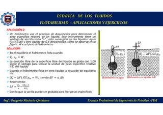 ESTATICA DE LOS FLUIDOS
FLOTABILIDAD - APLICACIONES Y EJERCIICOS
APLICACIÓN 2:
 Un hidrómetro usa el principio de Arquímedes para determinar el
peso especifico relativo de un liquido. Este instrumento tiene un
vástago de sección recta “a” , esta sumergido en dos líquidos: agua
(G.E=1.00) y otro líquido de G.E desconocida, como se observa en la
figura. W es el peso del hidrómetro
SOLUCIÓN:
 En el equilibrio el hidrómetro flota cuando:
 𝑉 . 𝛾 = 𝑊,
 La posición libre de la superficie libre del liquido se graba con 1.00
sobre el vástago para indicar la unidad de peso especifico relativo
𝐺𝐸 del liquido
 Cuando el hidrómetro flota en otro liquido la ecuación de equilibrio
da:
 (𝑉 − ∆𝑉). 𝐺𝐸 𝛾 = 𝑊, siendo ∆𝑉 = 𝑎. ∆ℎ
 Resolviendo:
 ∆ℎ = ∗
 Con lo que la varilla puede ser grabada para leer pesos específicos
Ing°. Gregorio Mechato Quintana Escuela Profesional de Ingeniería de Petróleo –FIM
 