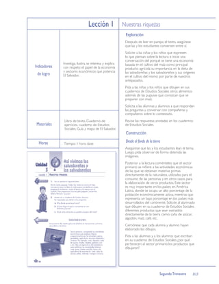 Lección 1 Nuestras riquezas
                                                          Exploración
                                                          Después de leer en parejas el texto, asegúrese
                                                          que las y los estudiantes conversen entre sí.
                                                          Solicite a las niñas y los niños que expresen
                                                          lo que piensan sobre la lectura e inicie una
                                                          conversación del porqué se tiene una economía
              Investiga, ilustra, se interesa y explica   basada en el cultivo del maíz como principal
Indicadores   con respeto el papel de la economía         producto agrícola; su importancia en la dieta de
              y sectores económicos que potencia          las salvadoreñas y los salvadoreños y sus orígenes
 de logro     El Salvador.                                en el cultivo del mismo por parte de nuestros
                                                          antepasados.
                                                          Pida a las niñas y los niños que dibujen en sus
                                                          cuadernos de Estudios Sociales otros alimentos
                                                          además de las pupusas que conozcan que se
                                                          preparen con maíz.
                                                          Solicita a las alumnas y alumnos a que respondan
                                                          las preguntas y conversar con compañeras y
                                                          compañeros sobre lo contestado.
              Libro de texto, Cuaderno de                 Revise las respuestas anotadas en los cuadernos
Materiales    ejercicios, cuaderno de Estudios            de Estudios Sociales.
              Sociales, Guía y mapa de El Salvador.
                                                          Construcción

  Horas                                                   Desde el fondo de la tierra
              Tiempo: 1 hora clase
                                                          Asegúrese que las y los estudiantes lean el tema.
                                                          Luego, pida observar de forma detenida las
                                                          imágenes.
                                                          Posterior a la lectura coménteles: que el sector
                                                          primario se reﬁere a las actividades económicas
                                                          de las que se obtienen materias primas
                                                          directamente de la naturaleza, utilizadas para el
                                                          consumo de las personas y en otros casos para
                                                          la elaboración de otros productos. Este sector
                                                          es muy importante en los países en América
                                                          Latina, donde se ocupa un alto porcentaje de la
                                                          población económicamente activa, mientras que
                                                          representa un bajo porcentaje en los países más
                                                          desarrollados del continente. Solicite al alumnado
                                                          que dibujen en su cuaderno de Estudios Sociales
                                                          diferentes productos que sean extraídos
                                                          directamente de la tierra como: caña de azúcar,
                                                          algodón, maíz, café, etc.
                                                          Cerciórese que cada alumna y alumno hayan
                                                          elaborado los dibujos.
                                                          Pida a las alumnas y a los alumnos que escriban
                                                          en su cuaderno de Estudios Sociales ¿por qué
                                                          pertenecen al sector primario los productos que
                                                          dibujaron?




                                                                                    Segundo Trimestre       103
 