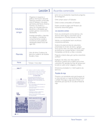 Lección 5 Acuerdos comerciales
                                                  Junto con sus estudiantes responda las preguntas
               Organiza en esquemas o             de investigación.
               gráﬁcos información relevante
                                                  Chile compra azúcar a El Salvador.
               sobre los acuerdos comerciales
               entre El Salvador y los países     Chile le vende combustible a El Salvador.
               de América del Norte, América
               Central y Sur América y            Puede consultar la página del Ministerio de
               opina con criticidad sobre los     Economía: www.minec.gob.sv
Indicadores    beneﬁcios o diﬁcultades que
               puedan generar a la economía       Las costumbres cambian
 de logro      salvadoreña.
                                                  Inicie una conversación con las alumnas y los
               Investiga, ejempliﬁca y describe   alumnos sobre algunas costumbres que se
               con respeto y criticidad los       practicaban en su familia durante su niñez.
               comportamientos sociales y
               económicos de la población         Solicite a sus estudiantes hacer una lectura
               salvadoreña desde inicios del      comprensiva del texto.
               siglo XXI.
                                                  Anote en la pizarra la lista de costumbres
                                                  presentadas en el Libro de texto y agregue
                                                  otras que las niñas y los niños mencionen y que
                                                  se practican en su grupo familiar y comunidad.
               Libro de texto, Cuaderno de        Compárelas con las de su niñez y comente.
 Materiales    ejercicios, cuaderno de Estudios   Pregunte a toda la clase, ¿por qué las costumbres
               Sociales y Guía.                   cambian?
                                                  Explique a las niñas y los niños sobre la
                                                  frecuencia o práctica de un hábito que se hace
  Horas       Tiempo: 1 hora clase                costumbre. Por ejemplo, los ﬁnes de semana, por
                                                  la tarde se suele comer nuégados y chilate.
                                                  Oriente las actividades 2 y 3 del Cuaderno de
                                                  ejercicios.

                                                  Postales de viaje
                                                  Oriente a sus estudiantes para que busquen en
                                                  su Libro de texto un mapa de América Central
                                                  y señalen Nicaragua. Luego pase al frente a un
                                                  estudiante para que lea en voz alta la Postal de
                                                  viaje.




                                                                             Tercer Trimestre     225
 