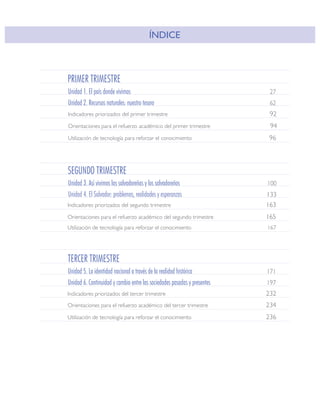 ÍNDICE



PRIMER TRIMESTRE
Unidad 1. El país donde vivimos                                            27
Unidad 2. Recursos naturales: nuestro tesoro                               62
Indicadores priorizados del primer trimestre                               92
Orientaciones para el refuerzo académico del primer trimestre              94
Utilización de tecnología para reforzar el conocimiento                   96




SEGUNDO TRIMESTRE
Unidad 3. Así vivimos las salvadoreñas y los salvadoreños                 100
Unidad 4. El Salvador: problemas, realidades y esperanzas                 133
Indicadores priorizados del segundo trimestre                             163
Orientaciones para el refuerzo académico del segundo trimestre            165
Utilización de tecnología para reforzar el conocimiento                   167




TERCER TRIMESTRE
Unidad 5. La identidad nacional a través de la realidad histórica         171
Unidad 6. Continuidad y cambio entre las sociedades pasadas y presentes   197
Indicadores priorizados del tercer trimestre                              232
Orientaciones para el refuerzo académico del tercer trimestre             234
Utilización de tecnología para reforzar el conocimiento                   236
 