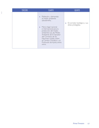 TERCERO           CUARTO                      QUINTO

          Población y demandas
          al medio ambiente
          salvadoreño.
                                      El corredor biológico y sus
                                      áreas protegidas.
          Marco legal nacional
          e internacional para la
          protección del medio
          ambiente: Ley de Medio
          Ambiente de El Salvador
          del Convenio de las
          Naciones Unidas sobre
          el Cambio Climático y el
          Protocolo de Kyoto, entre
          otros.




                                             Primer Trimestre   63
 