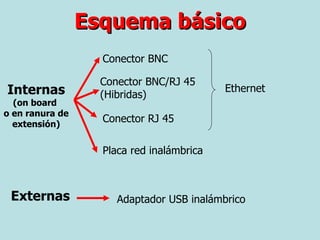 Esquema básico Internas (on board  o en ranura de extensión) Conector BNC Conector BNC/RJ 45 (Hibridas) Conector RJ 45 Placa red inalámbrica Externas Adaptador USB inalámbrico Ethernet 