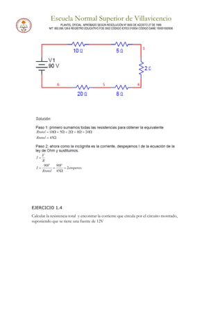 Escuela Normal Superior de Villavicencio
PLANTEL OFICIAL APROBADO SEGÚN RESOLUCIÓN Nº 0600 DE AGOSTO 27 DE 1999
NIT: 892.099.128-6 REGISTRO EDUCATIVO FOE 0502 CÓDIGO ICFES 010934 CÓDIGO DANE 150001000936
EJERCICIO 1.4
Calcular la resistencia total y encontrar la corriente que circula por el circuito mostrado,
suponiendo que se tiene una fuente de 12V
 