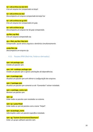 20
tar -cvfj archive.tar.bz2 dir1
Cria um arquivo tar compactado no bzip2.
tar -xvfj archive.tar.bz2
Descompacta um arquivo compactado do bzip2 tar
tar -cvfz archive.tar.gz dir1
Cria um arquivo tar compactado em gzip.
tar -xvfz archive.tar.gz
Descompacta um arquivo tar do gzip compactado.
zip file1.zip file1
Cria um arquivo compactado zip.
zip -r file1.zip file1 file2 dir1
Compressão .zip de vários arquivos e diretórios simultaneamente.
unzip file1.zip
Descompacta um arquivo zip.
4.11. Pacotes RPM (Red Hat, Fedora e derivados)
rpm -ivh package.rpm
Instala um pacote rpm.
rpm -ivh –nodeeps package.rpm
Instala um pacote rpm e ignora solicitações de dependências.
rpm -U package.rpm
Atualiza um pacote rpm sem alterar a configuração dos arquivos.
rpm -F package.rpm
Atualiza um pacote rpm somente se ele “Comandos” estiver instalado.
rpm -e package_name.rpm
Remove um pacote rpm.
rpm -qa
Exibe todos os pacotes rpm instalados no sistema.
rpm -qa | grep httpd
Exibe todos os rpm de pacotes com o nome “httpd”.
rpm -qi package_name
Informações sobre um pacote específico instalado.
rpm -qg “System Environment/Daemons”
Exibe um grupo software pacotes rpm.
 