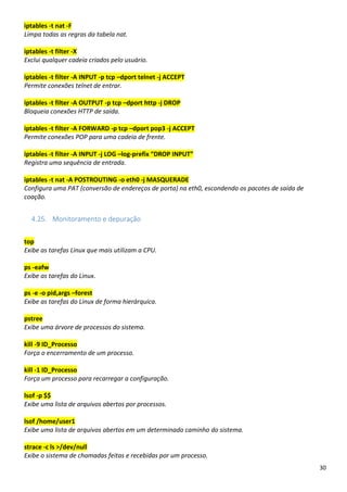 30
iptables -t nat -F
Limpa todas as regras da tabela nat.
iptables -t filter -X
Exclui qualquer cadeia criados pelo usuário.
iptables -t filter -A INPUT -p tcp –dport telnet -j ACCEPT
Permite conexões telnet de entrar.
iptables -t filter -A OUTPUT -p tcp –dport http -j DROP
Bloqueia conexões HTTP de saída.
iptables -t filter -A FORWARD -p tcp –dport pop3 -j ACCEPT
Permite conexões POP para uma cadeia de frente.
iptables -t filter -A INPUT -j LOG –log-prefix “DROP INPUT”
Registra uma sequência de entrada.
iptables -t nat -A POSTROUTING -o eth0 -j MASQUERADE
Configura uma PAT (conversão de endereços de porta) na eth0, escondendo os pacotes de saída de
coação.
4.25. Monitoramento e depuração
top
Exibe as tarefas Linux que mais utilizam a CPU.
ps -eafw
Exibe as tarefas do Linux.
ps -e -o pid,args –forest
Exibe as tarefas do Linux de forma hierárquica.
pstree
Exibe uma árvore de processos do sistema.
kill -9 ID_Processo
Força o encerramento de um processo.
kill -1 ID_Processo
Força um processo para recarregar a configuração.
lsof -p $$
Exibe uma lista de arquivos abertos por processos.
lsof /home/user1
Exibe uma lista de arquivos abertos em um determinado caminho do sistema.
strace -c ls >/dev/null
Exibe o sistema de chamadas feitas e recebidas por um processo.
 