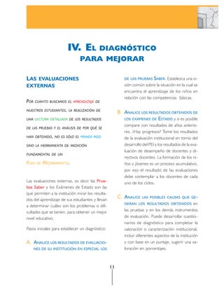 IV. EL    DIAGNÓSTICO
                               PARA MEJORAR

LAS EVALUACIONES                                           DE LAS PRUEBAS    SABER. Establezca una vi-
EXTERNAS                                                   sión común sobre la situación en la cual se
                                                           encuentra el aprendizaje de los niños en
                                                           relación con las competencias básicas.
POR   CUANTO BUSCAMOS EL APRENDIZAJE DE

NUESTROS ESTUDIANTES, LA REALIZACIÓN DE
                                                        B. ANALICE LOS RESULTADOS OBTENIDOS DE
UNA LECTURA DETALLADA DE LOS RESULTADOS                    LOS EXÁMENES DE      ESTADO y si es posible
                                                           compare con resultados de años anterio-
DE LAS PRUEBAS Y EL ANÁLISIS DE POR QUÉ SE
                                                           res. ¿Hay progresos? Tome los resultados
HAN OBTENIDO, NO ES SÓLO EL PRIMER PASO                    de la evaluación institucional en torno del
SINO LA HERRAMIENTA DE MEDICIÓN                            desarrollo del PEI y los resultados de la eva-
                                                           luación de desempeño de docentes y di-
FUNDAMENTAL DE UN
                                                           rectivos docentes. La formación de los ni-
PLAN   DE   MEJORAMIENTO.                                  ños y jóvenes es un proceso acumulativo,
                                                           por eso el resultado de las evaluaciones
                                                           debe contemplar a los docentes de cada
Las evaluaciones externas, es decir las Prue-              uno de los ciclos.
bas Saber y los Exámenes de Estado son las
que permiten a la institución mirar los resulta-
dos del aprendizaje de sus estudiantes y llevan
                                                        C. ANALICE    LAS POSIBLES CAUSAS QUE GE-
                                                           NERAN LOS RESULTADOS OBTENIDOS             en
a determinar cuáles son los problemas o difi-
cultades que se tienen, para obtener un mejor              las pruebas y en los demás instrumentos
nivel educativo.                                           de evaluación. Puede desarrollar cuestio-
                                                           narios de diagnóstico para completar la
Pasos iniciales para establecer un diagnóstico:            valoración o caracterización institucional,
                                                           incluir diferentes aspectos de la institución
A. ANALICE LOS RESULTADOS DE EVALUACIO-                    y con base en un puntaje, sugerir una va-
      NES DE SU INSTITUCIÓN EN ESPECIAL LOS                loración en porcentajes.



                                                   11
 
