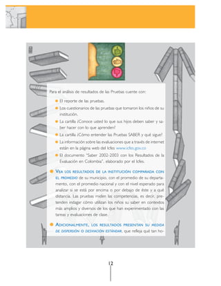 Para el análisis de resultados de las Pruebas cuente con:

      El reporte de las pruebas.
      Los cuestionarios de las pruebas que tomaron los niños de su
      institución.
      La cartilla ¿Conoce usted lo que sus hijos deben saber y sa-
      ber hacer con lo que aprenden?
      La cartilla ¿Cómo entender las Pruebas SABER y qué sigue?
      La información sobre las evaluaciones que a través de internet
      están en la página web del Icfes www.icfes.gov.co
      El documento “Saber 2002-2003 con los Resultados de la
      Evaluación en Colombia”, elaborado por el Icfes.

   VEA   LOS RESULTADOS DE LA INSTITUCIÓN COMPARADA CON
   EL PROMEDIO    de su municipio, con el promedio de su departa-
   mento, con el promedio nacional y con el nivel esperado para
   analizar si se está por encima o por debajo de éste y a qué
   distancia. Las pruebas miden las competencias, es decir, pre-
   tenden indagar cómo utilizan los niños su saber en contextos
   más amplios y diversos de los que han experimentado con las
   tareas y evaluaciones de clase.

   ADICIONALMENTE,      LOS RESULTADOS PRESENTAN SU MEDIDA
   DE DISPERSIÓN O DESVIACIÓN ESTÁNDAR,     que refleja qué tan ho-




                                   12
 
