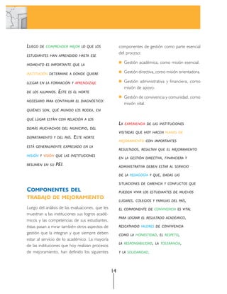 LUEGO   DE COMPRENDER MEJOR LO QUE LOS                 componentes de gestión como parte esencial
                                                       del proceso:
ESTUDIANTES HAN APRENDIDO HASTA ESE

MOMENTO ES IMPORTANTE QUE LA
                                                            Gestión académica, como misión esencial.

INSTITUCIÓN DETERMINE A DÓNDE QUIERE                        Gestión directiva, como misión orientadora.

LLEGAR EN LA FORMACIÓN Y APRENDIZAJE                        Gestión administrativa y financiera, como
                                                            misión de apoyo.
DE LOS ALUMNOS.   ESTE   ES EL NORTE
                                                            Gestión de convivencia y comunidad, como
NECESARIO PARA CONTINUAR EL DIAGNÓSTICO:
                                                            misión vital.
QUIÉNES SON, QUÉ MUNDO LOS RODEA, EN

QUÉ LUGAR ESTÁN CON RELACIÓN A LOS
                                                       LA   EXPERIENCIA DE LAS INSTITUCIONES
DEMÁS MUCHACHOS DEL MUNICIPIO, DEL
                                                       VISITADAS QUE HOY HACEN PLANES DE
DEPARTAMENTO Y DEL PAÍS.   ESTE   NORTE
                                                       MEJORAMIENTO CON IMPORTANTES
ESTÁ GENERALMENTE EXPRESADO EN LA
                                                       RESULTADOS, RESALTAN QUE EL MEJORAMIENTO
MISIÓN Y VISIÓN QUE LAS INSTITUCIONES
                                                       EN LA GESTIÓN DIRECTIVA, FINANCIERA Y
RESUMEN EN SU   PEI.                                   ADMINISTRATIVA DEBEN ESTAR AL SERVICIO

                                                       DE LA PEDAGOGÍA Y QUE, DADAS LAS

                                                       SITUACIONES DE CARENCIA Y CONFLICTOS QUE
COMPONENTES DEL                                        PUEDEN VIVIR LOS ESTUDIANTES DE MUCHOS
TRABAJO DE MEJORAMIENTO
                                                       LUGARES, COLEGIOS Y FAMILIAS DEL PAÍS,
Luego del análisis de las evaluaciones, que les        EL COMPONENTE DE CONVIVENCIA ES VITAL
muestran a las instituciones sus logros acadé-
                                                       PARA LOGRAR EL RESULTADO ACADÉMICO,
micos y las competencias de sus estudiantes,
éstas pasan a mirar también otros aspectos de          RESCATANDO VALORES DE CONVIVENCIA
gestión que la integran y que siempre deben            COMO LA HONESTIDAD, EL RESPETO,
estar al servicio de lo académico. La mayoría
                                                       LA RESPONSABILIDAD, LA TOLERANCIA ,
de las instituciones que hoy realizan procesos
de mejoramiento, han definido los siguientes           Y LA SOLIDARIDAD.




                                                  14
 