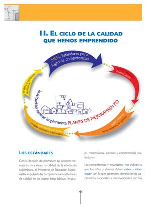 1I. EL CICLO DE LA CALIDAD
                   QUE HEMOS EMPRENDIDO




LOS ESTÁNDARES                                        je, matemáticas, ciencias y competencias ciu-
                                                      dadanas.
Con la decisión de promover las acciones ne-
cesarias para elevar la calidad de la educación       Las competencias y estándares, nos indican lo
colombiana, el Ministerio de Educación Nacio-         que los niños y jóvenes deben saber y saber
nal ha impulsado las competencias y estándares        hacer con lo que aprenden, dentro de los pa-
de calidad en las cuatro áreas básicas: lengua-       rámetros nacionales e internacionales con los



                                                  6
 