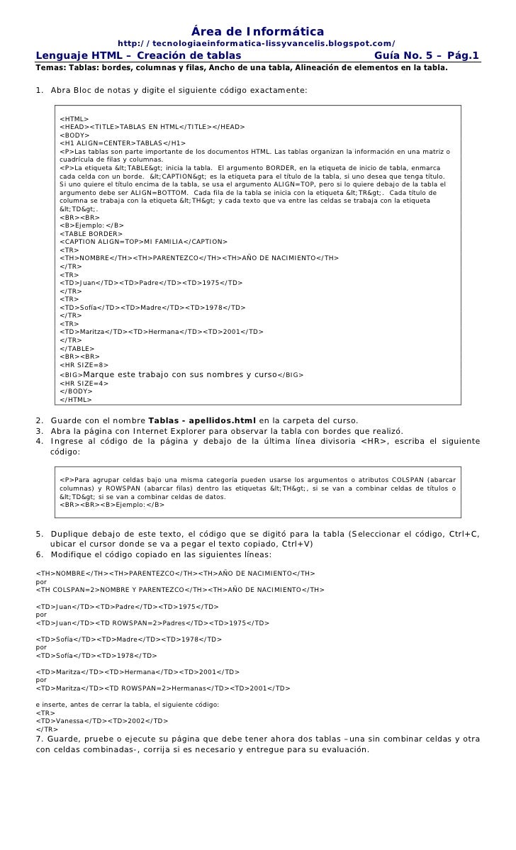 guia 5 de html tablas rea de informtica httptecnologiaeinformatica lissyvancelisblogspotcomlenguaje - Tabla Periodica En Html Codigo guia 5 de html tablas rea de informtica httptecnologiaeinformatica lissyvancelisblogspotcomlenguaje - Tabla Periodica En Html Codigo