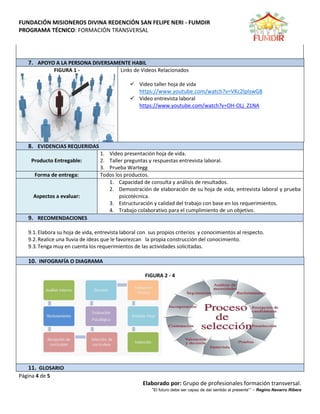 FUNDACIÓN MISIONEROS DIVINA REDENCIÓN SAN FELIPE NERI - FUMDIR
PROGRAMA TÉCNICO: FORMACIÓN TRANSVERSAL
Página 4 de 5
Elaborado por: Grupo de profesionales formación transversal.
“El futuro debe ser capaz de dar sentido al presente”” – Regino Navarro Ribera
7. APOYO A LA PERSONA DIVERSAMENTE HABIL
FIGURA 1 - Links de Videos Relacionados
 Video taller hoja de vida
https://www.youtube.com/watch?v=VKc2lplswG8
 Video entrevista laboral
https://www.youtube.com/watch?v=OH-OLj_Z1NA
8. EVIDENCIAS REQUERIDAS
Producto Entregable:
1. Video presentación hoja de vida.
2. Taller preguntas y respuestas entrevista laboral.
3. Prueba Wartegg
Forma de entrega: Todos los productos.
Aspectos a evaluar:
1. Capacidad de consulta y análisis de resultados.
2. Demostración de elaboración de su hoja de vida, entrevista laboral y prueba
psicotécnica.
3. Estructuración y calidad del trabajo con base en los requerimientos.
4. Trabajo colaborativo para el cumplimiento de un objetivo.
9. RECOMENDACIONES
9.1.Elabora su hoja de vida, entrevista laboral con sus propios criterios y conocimientos al respecto.
9.2.Realice una lluvia de ideas que le favorezcan la propia construcción del conocimiento.
9.3.Tenga muy en cuenta los requerimientos de las actividades solicitadas.
10. INFOGRAFÍA O DIAGRAMA
FIGURA 2 - 4
11. GLOSARIO
 