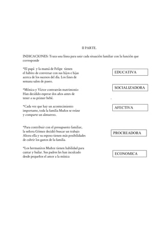 II PARTE.

INDICACIONES: Traza una línea para unir cada situación familiar con la función que
corresponde

*El papá y la mamá de Felipe tienen
el hábito de conversar con sus hijos e hijas                      EDUCATIVA
acerca de los sucesos del día. Los fines de
semana salen de paseo.

*Mónica y Víctor contraerán matrimonio
                                                                  SOCIALIZADORA
Han decidido esperar dos años antes de
tener a su primer bebé.                                       .

*Cada vez que hay un acontecimiento                               AFECTIVA
importante, toda la familia Muños se reúne
y comparte un almuerzo.


*Para contribuir con el presupuesto familiar,
la señora Gómez decidió buscar un trabajo
                                                                  PROCREADORA
Ahora ella y su esposo tienen más posibilidades
de cubrir los gastos de la familia.

*Los hermanitos Muñoz tienen habilidad para
cantar y bailar. Sus padres les han inculcado                     ECONOMICA
desde pequeños el amor a la música
 
