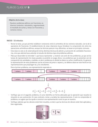 22 / Módulo Nº 1: Razones y operaciones con fracciones / Matemática / 6° básico / Guía Didáctica
INICIO / 15 minutos
•	 Revise la tarea, ya que permite establecer conexiones entre la aritmética de los números naturales, con la de la
operatoria de fracciones. El establecimiento de estas relaciones busca fortalecer la comprensión de cómo las
operaciones aritméticas aditivas, aunque las técnicas parecen muy diferentes, se basan en principios comunes.
•	 Esta clase no solo es de sistematización de las distintas técnicas de adición y sustracción de cantidades fracciona-
rias, sino que además busca abordar el estudio de distintos tipos de problemas aditivos.
•	 Pida que desarrollen la Actividad 1, que busca representar  y resolver una serie de tres problemas, ya que así las
tareas de representación de clases pasadas se pondrán en juego ahora. Los problemas que se presentan son de
composición de cantidades y medidas, es decir, problemas en donde los datos no sufren modificación. En general,
la representación de estos problemas usa las acciones de juntar o separar, y se debiera observar este hecho en las
representaciones que propongan las y los estudiantes.
Para el primer problema, una representación esperada es:
•	 Verifique que en el segundo problema, el curso identifica en forma adecuada que la operación que resuelve la
situación es una sustracción. En caso contrario, revise y socialice las representaciones. Si aún no comprendan el
problema, se sugiere que los ayude a construir una representación como la que se muestra.
•	 Verifique además que los cálculos están bien resueltos, es decir, que las técnicas de cálculo están bien aplicadas y
bien registradas.
Objetivo de la clase:
•	 Resolver problemas aditivos con fracciones, en
diversos contextos, calculando y argumentando
el resultado de sumas y restas con fracciones y
números mixtos.
PLAN DE CLASE Nº 9
1 entero 1 entero 1 entero
1 entero 1 entero 1 entero
1 entero 1 entero
1 entero 1 entero
1
3
2
6
1
6
3
6
1
2
1
6
+ == + = +32 2 3 32 5
1
6
2
3
1 kg
11
12
kg
?
 