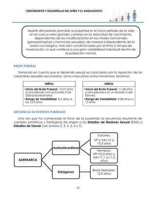 [CRECIMIENTO Y DESARROLLO DEL NIÑO Y EL ADOLESCENTE] 
17 
BROTE PUBERAL 
Tomando en cuenta que el desarrollo sexual se caracteriza por la aparición de los caracteres sexuales secundarios, tanto masculinos como femeninos; tenemos: 
SECUENCIA DE EVENTOS PUBERALES 
Una vez que ha comenzado el inicio de la pubertad, la secuencia resultante de cambios somáticos y fisiológicos da origen a los Estadios de Madurez Sexual (EMS) o Estadios de Tanner (ver anexos 2, 3, 4, 5, 6 y 7). 
ADRENARCA 
Androstenediona 
Varones: VP y VA=13 a 13,3 años 
Hembras: VP=10,5 años y VA=11,1 a 11,2 años 
Estrógenos 
Brote Mamario: 10,0 años 
NIÑAS 
•Inicio del Brote Puberal: 10,07 años (coincidiendo con el Estadio 2 de Glándula Mamaria) 
•Rango de Variabilidad: 8,5 años a los 12,9 años 
NIÑOS 
•Inicio del Brote Puberal: 11,68 años (coincidiendo con un Estadio 2 del Tanner) 
•Rango de Variabilidad: 9,08 años a 13 años 
Aparte del periodo prenatal, la pubertad es el único periodo de la vida en el cual ocurren grandes cambios en la velocidad de crecimiento, dependientes de las modificaciones en los niveles hormonales (gonadotropinas y hormonas sexuales), de manera independiente de la edad cronológica, más bien condicionadas por el ritmo o tempo de maduración, lo que conlleva a una gran variabilidad individual dentro de la población normal. 
 