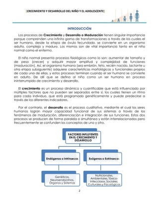 [CRECIMIENTO Y DESARROLLO DEL NIÑO Y EL ADOLESCENTE] 
2 
INTRODUCCIÓN 
Los procesos de Crecimiento y Desarrollo o Maduración tienen singular importancia porque comprenden una infinita gama de transformaciones a través de los cuales el ser humano, desde la etapa de óvulo fecundado, se convierte en un organismo adulto, complejo y maduro. Los mismos son de vital importancia tanto en el niño normal como el enfermo. 
El niño normal presenta procesos fisiológicos como lo son: aumentar de tamaño y de peso (crecer) y adquirir mayor amplitud y complejidad de funciones (maduración). Así, el organismo humano (sea embrión, feto, recién nacido, lactante u otra etapa subsiguiente) adquiere características morfológicas y funcionales propias de cada una de ellas, y estos procesos terminan cuando el ser humano se convierte en adulto. De allí que se defina al niño como un ser humano en proceso ininterrumpido de crecimiento y desarrollo. 
El crecimiento es un proceso dinámico y cuantificable que está influenciado por múltiples factores que no pueden ser separados entre sí, los cuales tienen un ritmo para cada individuo, que está programado genéticamente y puede predecirse a través de los diferentes indicadores. 
Por el contrario, el desarrollo es el proceso cualitativo, mediante el cual los seres humanos logran mayor capacidad funcional de sus sistemas a través de los fenómenos de maduración, diferenciación e integración de sus funciones. Estos dos procesos se producen de forma paralela o simultánea y están interrelacionados pero frecuentemente se confunden los conceptos de uno y otro. 
FACTORES INFLUYENTES EN EL CRECIMIENTO Y DESARROLLO 
Endógenos o Intrínsecos 
Genéticos, Neuroendocrinos, Órganos y Sistemas 
Exógenos o Extrínsecos 
Nutricionales, Ambientales, Tóxico- Infecciosos, Sociales, Culturales y Psicológicos  