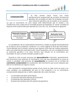 [CRECIMIENTO Y DESARROLLO DEL NIÑO Y EL ADOLESCENTE] 
7 
El niño normal crece hacia una meta genéticamente programada de acuerdo al potencial genético de sus padres en talla. Sin embargo, al nacer esta influencia genética de los padres no se expresa, ya que el crecimiento en esta etapa está determinado por la madre y las condiciones a las cuales estuvo sometida durante el embarazo. El “canal” se refiere al espacio entre 2 percentiles (por ejemplo 25 y 50 o 50 y 75). Así tenemos lo siguiente: 
La canalización de los maduradores tempranos y tardíos se pierde temporalmente en la época de la pubertad, volviendo a su canal original al final del crecimiento. Como ejemplo de lo anterior, tenemos que algunos niños hijos de madres pequeñas, pero con potencial de crecimiento alto, nacen pequeños y se van canalizando hacia su potencial genético si los otros factores que influyen en el crecimiento son favorables. El caso contrario también puede ocurrir. 
Durante la vida ocurren procesos de descanalización motivados, generalmente, por fenómenos que detienen el crecimiento. Una vez que desaparece la causa se vuelve a canalizar; este proceso de recanalización se conoce con el nombre de crecimiento compensatorio (la aceleración del crecimiento que ocurre después que éste se ha detenido por alguna causa). 
Este crecimiento compensatorio puede ocurrir, tanto en talla como en peso y en otras variables. Las posibilidades de que un niño presente o no un crecimiento compensatorio después de un daño, dependen de cuatro factores: 
• La naturaleza del daño (intensidad) 
• La duración del daño (tiempo de evolución) 
• La edad del niño (períodos críticos) 
• El potencial individual del niño (potencial genético). 
CANALIZACIÓN 
Madurador Temprano: Comienza el Brote Puberal antes que el Promedio 
Madurador Promedio: Permanece en el canal de una forma mas o menos constante 
Madurador Tardío: Inicia el Brote Puberal luego que el Promedio  