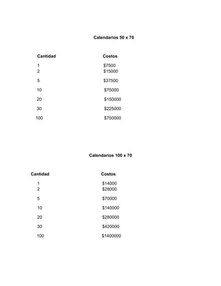 Calendarios 50 x 70
Cantidad Costos
1 $7500
2 $15000
5 $37500
10 $75000
20 $150000
30 $225000
100 $750000
Calendarios 100 x 70
Cantidad Costos
1 $14000
2 $28000
5 $70000
10 $140000
20 $280000
30 $420000
100 $1400000
 