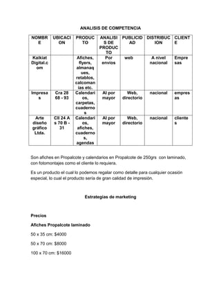 ANALISIS DE COMPETENCIA
NOMBR
E
UBICACI
ON
PRODUC
TO
ANALISI
S DE
PRODUC
TO
PUBLICID
AD
DISTRIBUC
ION
CLIENT
E
Kaikiat
Digital.c
om
Afiches,
flyers,
almanaq
ues,
retablos,
calcoman
ías etc.
Por
envíos
web A nivel
nacional
Empre
sas
Impresa
s
Cra 28
68 - 93
Calendari
os,
carpetas,
cuaderno
s
Al por
mayor
Web,
directorio
nacional empres
as
Arte
diseño
gráfico
Ltda.
Cll 24 A
s 70 B -
31
Calendari
os,
afiches,
cuaderno
s,
agendas
Al por
mayor
Web,
directorio
nacional cliente
s
Son afiches en Propalcote y calendarios en Propalcote de 250grs con laminado,
con fotomontajes como el cliente lo requiera.
Es un producto el cual lo podemos regalar como detalle para cualquier ocasión
especial, lo cual el producto sería de gran calidad de impresión.
Estrategias de marketing
Precios
Afiches Propalcote laminado
50 x 35 cm: $4000
50 x 70 cm: $8000
100 x 70 cm: $16000
 