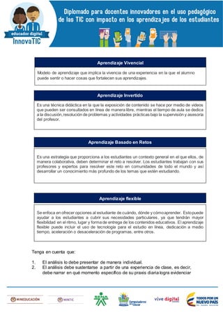 Tenga en cuenta que:
1. El análisis lo debe presentar de manera individual.
2. El análisis debe sustentarse a partir de una experiencia de clase, es decir,
debe narrar en qué momento específico de su praxis diaria logra evidenciar
Modelo de aprendizaje que implica la vivencia de una experiencia en la que el alumno
puede sentir o hacer cosas que fortalecen sus aprendizajes.
Aprendizaje Vivencial
Es una técnica didáctica en la que la exposición de contenido se hace por medio de videos
que pueden ser consultados en línea de manera libre, mientras el tiempo de aula se dedica
a la discusión,resolución de problemas y actividades prácticas bajo la supervisión y asesoría
del profesor.
Aprendizaje Invertido
Es una estrategia que proporciona a los estudiantes un contexto general en el que ellos, de
manera colaborativa, deben determinar el reto a resolver. Los estudiantes trabajan con sus
profesores y expertos para resolver este reto en comunidades de todo el mundo y así
desarrollar un conocimiento más profundo de los temas que estén estudiando.
Aprendizaje Basado en Retos
Se enfoca en ofrecer opciones al estudiante de cuándo, dónde y cómoaprender. Estopuede
ayudar a los estudiantes a cubrir sus necesidades particulares, ya que tendrán mayor
flexibilidad en el ritmo, lugar y forma de entrega de los contenidos educativos. El aprendizaje
flexible puede incluir el uso de tecnología para el estudio en línea, dedicación a medio
tiempo, aceleración o desaceleración de programas, entre otros.
Aprendizaje flexible
 
