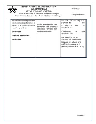 SERVICIO NACIONAL DE APRENDIZAJE SENA
GUÍA DE APRENDIZAJE
SISTEMA INTEGRADO DE GESTIÓN
Proceso Gestión de la Formación Profesional Integral
Procedimiento Ejecución de la Formación Profesional Integral
Versión:02
Código:GFPI-F-019
Página 4 de6
real de una empresa y lo que en
sus diferentesdepartamentos se
realiza. la actividad será entre
todos los aprendices.
Ejercicios I
Evidencias de Producto:
Ejercicios I
Y suba las evidencias que
resultan de cada proceso a
blackboard y envíelas a el
email del instructor.
.
a p l i c a l o s c o n c e p t o s ,
p o n i e n d o e n
e j e c u c i ó n t o d o l o
a p r e n d i d o .
Ponderación de esta
actividad: 20%
Los objetivos de la
actividad se consideran
logrados si obtiene una
calificación superior a 8
puntos (Se califica de 1 a 10)
 