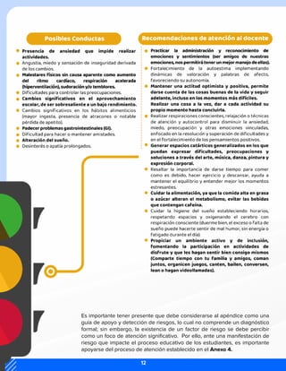 Es importante tener presente que debe considerarse al apéndice como una
guía de apoyo y detección de riesgos, lo cual no comprende un diagnóstico
formal; sin embargo, la existencia de un factor de riesgo se debe percibir
como un foco de atención significativo. Por ello, ante una manifestación de
riesgo que impacte el proceso educativo de los estudiantes, es importante
apoyarse del proceso de atención establecido en el Anexo 4.
12
 