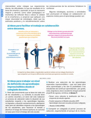 intercambian entre colegas sus experiencias
diarias, las dificultades, lo que da resultado en la
tarea de enseñar y aprender, lo que es necesario
mejorar y eliminar, como saber pedagógico en
momentos de reflexión lleva a elevar la calidad
en la enseñanza y a propiciar que apliquen una
mayor diversidad de estrategias, dado que los
estímulos positivos y la retroalimentación sobre
a) Ideas para facilitar el trabajo en colaboración
entre docentes.
las consecuencias de las acciones fortalecen la
confianza.
Algunas estrategias, acciones o actividades
que promueven el trabajo en colaboración en
espacios mixtos para el aprendizaje pueden ser:
b) Ideas para trabajar un nivel
de definición de aprendizajes
imprescindibles desde el
colegiado docente.
1.	 Partir del conocimiento que se tiene de cada uno
de los estudiantes y su contexto, la escuela tiene
un camino recorrido y al cierre del ciclo realizaron
un proceso de valoración sobre la situación de sus
estudiantes respecto a los aprendizajes logrados,
no logrados y situación socioemocional y plantearon
retos para ser atendidos respecto a los aprendizajes
de los estudiantes, para favorecer el tránsito y
disminuir el rezago de manera oportuna, lo cual sirve
de base para iniciar el trabajo del ciclo escolar.
2.	Realizar una selección de los aprendizajes
esperados imprescindibles – que son base para
otros aprendizajes y les dan la posibilidad a los
estudiantes de continuar aprendiendo-, por grado,
ciclo, asignatura, área o academia; tengan presente
el perfil de egreso, remitirse al Anexo 7.
•	Tomen como referente la dosificación del Plan y
programas de estudio vigentes.
•	Pueden apoyarse en Modelo educativo 2017.
Aprendizajes clave para escuelas primarias multigrado.
•	Modelo CONCUPRISE.
3.	Compartir en colegiado el primer proceso de
selección, argumentando el porqué de la misma,
18
 