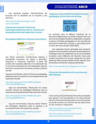 ¡Hagamos comunidad! Estrategias de apoyo
pedagógico al inicio del ciclo escolar.
La comisión para la Mejora Continua de la
Educación (Mejoredu), ha puesto a disposición una
serie de estrategias flexibles y adaptables, dirigidas
a apoyar el trabajo pedagógico en las escuelas de
educación preescolar, primaria y secundaria para
el inicio del ciclo escolar 2020-2021.
Los materiales fueron pensados para propiciar
experiencias formativas y fomentar la participación y
el diálogo entre los integrantes de las comunidades
escolares como: Bitácora del docente; Guía para
nuestra convivencia en el aula; Juguemos con sana
distancia; Diario grupal; Ruleta de los saberes; Con
las familias avanzamos; Cápsula del tiempo.
https://www.mejoredu.gob.mx/hagamos-comunidad
Fichas de reforzamiento de conocimientos
(AEF México).
Tienecomoprincipalfinalidadofrecerteactividades
que apoyan a los estudiantes en el reforzamiento
de los conocimientos adquiridos en el ciclo escolar;
se puede acceder a la versión que de estas fichas
se han creado en Classroom.
https://laescuelaencasa.mx/escuela-en-casa/
reforzamiento/?nivel=primaria
https://laescuelaencasa.mx/escuela-en-casa/
reforzamiento/?nivel=secundaria
Las sesiones pueden instrumentarse de
acuerdo con la situación de la escuela y los
alumnos.
https://educacionbasica.sep.gob.mx/site/
seccioncte/1/6/106
Caja de Herramientas: Fichero de
estrategias didácticas para la asesoría y el
acompañamiento del supervisor escolar.
Estrategias didácticas. Primaria y secundaria.
Las fichas presentan orientaciones básicas y
actividades concretas, de apoyo a docentes,
directivos o colectivos docentes, a partir del
análisis del resultado obtenido en la aplicación de
la herramienta Exploración de habilidades básicas
de lectura, producción de textos escritos y cálculo
mental.
Caja de herramientas. Lectura. Fichero de estrategias
didácticas para la asesoría y el acompañamiento del
supervisor escolar.
https://drive.google.com/file/d/1hIBZkuhy2LpNa3-
czTfn7UXyy4qN9kWA/view
Caja de herramientas. Producción de textos
escritos. Fichero de estrategias didácticas para la
asesoríayelacompañamientodelsupervisorescolar.
https://drive.google.com/file/d/1hIBZkuhy2LpNa3-
czTfn7UXyy4qN9kWA/view
Caja de herramientas. Cálculo mental. Fichero
de estrategias didácticas para la asesoría y el
acompañamiento del supervisor escolar.
https://drive.google.com/file/d/1hIBZkuhy2LpNa3-
czTfn7UXyy4qN9kWA/view
39
 