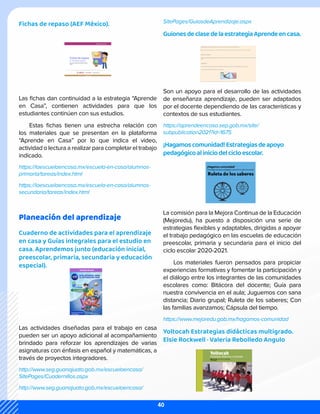 SitePages/GuiasdeAprendizaje.aspx
GuionesdeclasedelaestrategiaAprendeencasa.
Son un apoyo para el desarrollo de las actividades
de enseñanza aprendizaje, pueden ser adaptados
por el docente dependiendo de las características y
contextos de sus estudiantes.
https://aprendeencasa.sep.gob.mx/site/
subpublication2021?id=1675
¡Hagamoscomunidad!Estrategiasdeapoyo
pedagógicoaliniciodelcicloescolar.
La comisión para la Mejora Continua de la Educación
(Mejoredu), ha puesto a disposición una serie de
estrategias flexibles y adaptables, dirigidas a apoyar
el trabajo pedagógico en las escuelas de educación
preescolar, primaria y secundaria para el inicio del
ciclo escolar 2020-2021.
Los materiales fueron pensados para propiciar
experiencias formativas y fomentar la participación y
el diálogo entre los integrantes de las comunidades
escolares como: Bitácora del docente; Guía para
nuestra convivencia en el aula; Juguemos con sana
distancia; Diario grupal; Ruleta de los saberes; Con
las familias avanzamos; Cápsula del tiempo.
https://www.mejoredu.gob.mx/hagamos-comunidad
Yoltocah Estrategias didácticas multigrado.
Elsie Rockwell · Valeria Rebolledo Angulo
Fichas de repaso (AEF México).
Las fichas dan continuidad a la estrategia “Aprende
en Casa”, contienen actividades para que los
estudiantes continúen con sus estudios.
Estas fichas tienen una estrecha relación con
los materiales que se presentan en la plataforma
“Aprende en Casa” por lo que indica el video,
actividad o lectura a realizar para completar el trabajo
indicado.
https://laescuelaencasa.mx/escuela-en-casa/alumnos-
primaria/tareas/index.html
https://laescuelaencasa.mx/escuela-en-casa/alumnos-
secundaria/tareas/index.html
Planeación del aprendizaje
Cuaderno de actividades para el aprendizaje
en casa y Guías integrales para el estudio en
casa. Aprendemos junto (educación inicial,
preescolar, primaria, secundaria y educación
especial).
Las actividades diseñadas para el trabajo en casa
pueden ser un apoyo adicional al acompañamiento
brindado para reforzar los aprendizajes de varias
asignaturas con énfasis en español y matemáticas, a
través de proyectos integradores.
http://www.seg.guanajuato.gob.mx/escuelaencasa/
SitePages/Cuadernillos.aspx
http://www.seg.guanajuato.gob.mx/escuelaencasa/
40
 