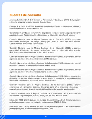 Fuentes de consulta
Antúnez, S. Imbernón, F. Del Carmen, L. Parcerisa, A. y Zavala, A. (2009). Del proyecto
educativo a la programación de aula. España: Graó.
Carbajal, P. y Fierro, C. (2020). Modelo de Convivencia Escolar para prevenir, atender y
erradicar la violencia escolar. México: SEG.
Castellanos, M. (2015). Las comunidades de práctica, como una estrategia para mejorar la
práctica docente. Academicus. Rev. Ciencias de la Educación. Vol.1, Núm.7. México.
Comisión Nacional para la Mejora Continua de la Educación (2020). ¡Hagamos
comunidad! Estrategias de apoyo pedagógico para el inicio del ciclo escolar.
Con las familias avanzamos. México: autor.
Comisión Nacional para la Mejora Continua de la Educación (2020). ¡Hagamos
comunidad! Estrategias de apoyo pedagógico para el inicio del ciclo escolar.
Guía para nuestra convivencia en el aula. México: autor.
Comisión Nacional para la Mejora Continua de la Educación (2020). Sugerencias para el
regreso a las clases en educación preescolar. México: autor.
Comisión Nacional para la Mejora Continua de la Educación (2020). Sugerencias para el
regreso a las clases en educación primaria. México: autor.
Comisión Nacional para la Mejora Continua de la Educación (2020). Sugerencias para el
regreso a las clases en educación secundaria. México: autor.
Comisión Nacional para la Mejora Continua de la Educación (2020). Talleres emergentes
de formación docente. Itinerarios para el re-encuentro. El sentido de la tarea docente en
tiempos de contingencia. Educación básica. México: autor.
Comisión Nacional para la Mejora Continua de la Educación (2020). Talleres
emergentes de formación docente. Itinerarios para el re-encuentro. Enseñanza y
aprendizaje en tiempos de contingencia. Educación media superior. México: autor.
Comisión Nacional para la Mejora Continua de la Educación (2021). Educación en
movimiento, Segunda época, núm. 1 / 29 de junio de 2021. México: autor.
Educación 2020 (2020). Educar en tiempos de pandemia parte 3: Recomendaciones
pedagógicas para evaluar aprendizajes en tiempos de COVID-19. Chile.
Educación 2020 (2020). Educar en tiempos de pandemia parte 2: Recomendaciones
pedagógicas para la educación socioemocional. Chile.
62
 