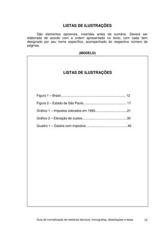 LISTAS DE ILUSTRAÇÕES

      São elementos opcionais, inseridas antes do sumário. Deverá ser
elaborada de acordo com a ordem apresentada no texto, com cada item
designado por seu nome específico, acompanhado do respectivo número de
páginas.

                                              (MODELO)




                              LISTAS DE ILUSTRAÇÕES




     Figura 1 – Brasil....................................................................... 12

     Figura 2 – Estado de São Paulo............................................... 17

     Gráfico 1 – Impostos cobrados em 1993...................................21

     Gráfico 2 – Elevação de custos.................................................30

     Quadro 1 – Gastos com impostos..............................................40




     Guia de normalização de relatórios técnicos, monografias, dissertações e teses                18
 