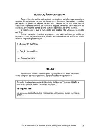 NUMERAÇÃO PROGRESSIVA
       Para evidenciar a sistematização do conteúdo do trabalho deve-se adotar a
numeração progressiva para as seções do texto. Os títulos das seções primárias,
por serem as principais seções de um texto, devem iniciar em folha distinta.
Destacam-se gradativamente os títulos das seções, utilizando-se os recursos de
caixa alta e/ou negrito, sendo que no sumário aparecerá de forma idêntica.
       E recomendável que a numeração das seções não ultrapasse a divisão
quinária.
       O título na seção primária é apresentado com todas as letras em maiúscula
e para as outras seções somente a primeira letra deverá ser em maiúscula, assim
temos a seguinte apresentação:

 1 SEÇÃO PRIMÁRIA


 1.1 Seção secundária


 1.1.1 Seção   terciária



                                         SIGLAS
     Somente na primeira vez em que a sigla aparecer no texto, informar o
nome completo da instituição com a sigla colocada entre parênteses.


 Como foi fixada pela Associação Brasileira de Normas Técnicas (ABNT), a
 norma em questão fixa as condições exigíveis….

 Na segunda vez:

 Na aplicação desta atividade é necessária a utilização de outras normas da
 ABNT…




      Guia de normalização de relatórios técnicos, monografias, dissertações e teses   35
 