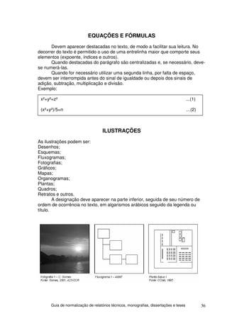 EQUAÇÕES E FÓRMULAS
      Devem aparecer destacadas no texto, de modo a facilitar sua leitura. No
decorrer do texto é permitido o uso de uma entrelinha maior que comporte seus
elementos (expoente, índices e outros).
      Quando destacadas do parágrafo são centralizadas e, se necessário, deve-
se numerá-las.
      Quando for necessário utilizar uma segunda linha, por falta de espaço,
devem ser interrompida antes do sinal de igualdade ou depois dos sinais de
adição, subtração, multiplicação e divisão.
Exemplo:

 x²+y²=z²                                                                              ...(1)

 (x²+y²)/5=n                                                                           ...(2)



                                   ILUSTRAÇÕES
As ilustrações podem ser:
Desenhos;
Esquemas;
Fluxogramas;
Fotografias;
Gráficos;
Mapas;
Organogramas;
Plantas;
Quadros;
Retratos e outros.
        A designação deve aparecer na parte inferior, seguida de seu número de
ordem de ocorrência no texto, em algarismos arábicos seguido da legenda ou
título.




      Guia de normalização de relatórios técnicos, monografias, dissertações e teses            36
 