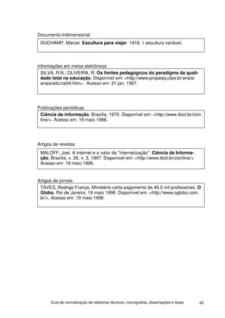 Documento tridimensional
 DUCHAMP, Marcel. Escultura para viajar. 1918. 1 escultura variável.




Informações em meios eletrônicos
  SILVA, R.N.; OLIVEIRA, R. Os limites pedagógicos do paradigma da quali-
  dade total na educação. Disponível em: <http://www.propesq.ufpe.br/anais/
  anais/edu/ce04.htm>. Acesso em: 21 jan. 1997.




Publicações periódicas
 Ciência da informação, Brasília, 1970. Disponível em: <http://www.ibict.br/cion
 line/>. Acesso em: 19 maio 1998.




Artigos de revistas
 MALOFF, Joel. A internet e o valor da "internetização". Ciência da Informa-
 ção, Brasília, v. 26, n. 3, 1997. Disponível em: <http://www.ibict.br/cionline/>
 Acesso em: 18 maio 1998.


Artigos de jornais
 TAVES, Rodrigo França. Ministério corta pagamento de 46,5 mil professores. O
 Globo, Rio de Janeiro, 19 maio 1998. Disponível em: <http://www.oglobo.com.
 br/>. Acesso em: 19 maio 1998.




      Guia de normalização de relatórios técnicos, monografias, dissertações e teses   48
 