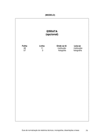 (MODELO)




                                 ERRATA
                                (opcional)



Folha                  Linha                   Onde se lê              Leia-se
 48                      11                     institução            instituição
 57                       3                      fotografa            fotografia




Guia de normalização de relatórios técnicos, monografias, dissertações e teses      54
 