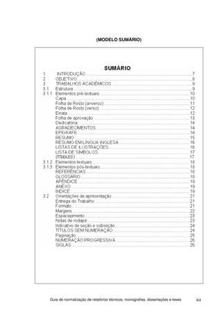 (MODELO SUMÁRIO)




Guia de normalização de relatórios técnicos, monografias, dissertações e teses   64
 