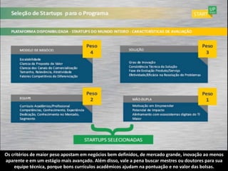 Os critérios de maior peso apostam em negócios bem definidos, de mercado grande, inovação ao menos
aparente e em um estágio mais avançado. Além disso, vale a pena buscar mestres ou doutores para sua
    equipe técnica, porque bons currículos acadêmicos ajudam na pontuação e no valor das bolsas.
 
