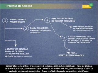 As inscrições serão online, e você já deverá indicar as aceleradoras escolhidas - fique de olho nas
características da proposta de cada uma... Como a verba vem do CNPq, provavelmente a banca de
     avaliação será também acadêmica – foque em P&D e inovação para ser bem classificado!
 