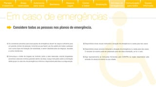 3) Disponibilize sinais visuais indicando a situação de emergência e a saída para tais casos.
4) Disponibilize sinais sonoros indicando a situação de emergência e a saída para tais casos.
O narrador do evento pode ser preparado para dar essa orientação, se for o caso.
5) Siga rigorosamente as instruções fornecidas pelo CONTRU ou orgão responsável pela
emissão do alvará do evento na sua cidade.
1)
um grande número de pessoas, incluindo as que fazem uso da cadeira de rodas e pessoas
com outros tipos de limitação de mobilidade, e serem desobstruídos de degraus, escadas
e outros obstáculos.
2)
proximos à área (em eventos grandes dentro da área), e peça instruções sobre a orientação
deste grupo no caso de uma emergência e informe o responsável pela área e os seguranças.
Considere todas as pessoas nos planos de emergência.
Em caso de emergências
Áreas
reservadas
Autonomia
para todos
Banheiros
Reserve
vagas
Comer
e beber
Sinalização
Equipe
informada
Em caso de
emergências
Comunicação
para todos
Planejar
é essencial
 
