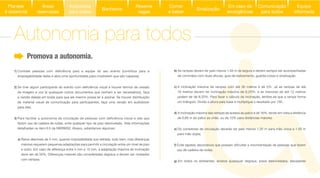 b) As rampas devem ter pelo menos 1,50 m de largura e devem sempre ser acompanhadas
de corrimãos com duas alturas, guia de balizamento, guarda-corpo e sinalização.
c) A inclinação máxima de rampas com até 30 metros é de 5%. Já as rampas de até
16 metros devem ter inclinação máxima de 6,25%, e as menores de até 12 metros
podem ter de 8,33%. Para fazer o cálculo da inclinação, lembre-se que a rampa forma
um triângulo. Divida a altura pela base e multiplique o resultado por 100.
d) A inclinação máxima das rampas de acesso ao palco é de 16%, tendo em vista a distância
de 0,60 m do palco ao chão, ou de 10% para distâncias maiores.
e) Os corredores de circulação deverão ter pelo menos 1,20 m para mão única e 1,50 m
para mão dupla.
f)
uso de cadeira de rodas.
g) Em todos os ambientes, sinalize quaisquer degraus, pisos desnivelados, elevadores
1)
empregabilidade delas e abra uma oportunidade para mostrarem que são capazes).
2)
de imagem e voz (e quaisquer outros documentos que venham a ser necessários), faça
a versão dele(a) em braile para que ele mesmo possa ler e assinar. Se houver distribuição
de material visual de comunicação para participantes, faça uma versão em audiobook
para eles.
3)
fazem uso de cadeira de rodas, evite qualquer tipo de piso desnivelado. Vide informações
detalhadas no item 6.5 da NBR9050. Abaixo, adiantamos algumas:
a) Raros desníveis de 5 mm, quando impossibilitada sua retirada, tudo bem, mas diferenças
maiores requerem pequenas adaptações para permitir a circulação entre um nível de piso
e outro. Em caso de diferença entre 5 mm e 15 mm, a adaptação máxima de inclinação
deve ser de 50%. Diferenças maiores são consideradas degraus e devem ser niveladas
com rampas.
Promova a autonomia.
Autonomia para todos
Áreas
reservadas
Autonomia
para todos
Banheiros
Reserve
vagas
Comer
e beber
Sinalização
Equipe
informada
Em caso de
emergências
Comunicação
para todos
Planejar
é essencial
 