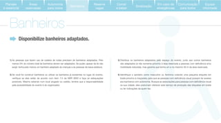 3) Distribua os banheiros adaptados pelo espaço do evento, junto aos outros banheiros
mobilidade reduzida), mas garanta que tenha um a no máximo 50 m da área reservada.
4)
na sua cidade, eles costumam oferecer este serviço de produção das etiquetas em braile
ou ter indicações de quem faz.
Disponibilize banheiros adaptados.
1) As pessoas que fazem uso de cadeira de rodas precisam de banheiros adaptados. Pelo
menos 5% do número total de banheiros devem ser adaptados. Se puder, apesar da lei não
exigir, tenha pelo menos um banheiro adaptado às crianças e às pessoas de baixa estatura.
2) Se você for construir banheiros ou utilizar os banheiros já existentes no lugar do evento,
possíveis. Mesmo estando num local alugado ou cedido, lembre que a responsabilidade
pela acessibilidade do evento é do organizador.
Banheiros
Áreas
reservadas
Autonomia
para todos
Banheiros
Reserve
vagas
Comer
e beber
Sinalização
Equipe
informada
Em caso de
emergências
Comunicação
para todos
Planejar
é essencial
 