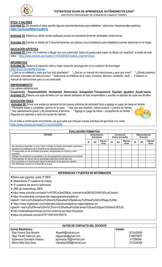 “ESTRATEGIA GUIAS DE APRENDIZAJE AUTÓNOMO EN CASA”
INSTITUTO INTEGRADO DE COMERCIO CAMILO TORRES
ÉTICA Y VALORES
Actividad 32: De acuerdo al video escribe algunas recomendaciones para establecer relaciones interpersonales positivas.
https://youtu.be/MW4mYyLWU7g
Actividad 33: Elabora un afiche donde expliques porque es importante fomentar amistades constructivas.
Actividad 34: Escribe un listado de 5 recomendaciones que darías a tus compañeros para establecer buenas relaciones en el hogar.
EDUCACIÓN ARTÍSTICA
Actividad 35: Crea: ¡Te invitamos a dibujar con una cuadrícula! Sigue los pasos para copiar un dibujo con exactitud: a través de este
video : https://www.youtube.com/watch?v=W3O2B3bSVqs&ab_channel=Diana
INFORMÁTICA
Actividad 36: Observa el siguiente video y luego responde las preguntas en tu cuaderno de tecnología.
https://youtu.be/yMW6ERAwe9w
* ¿Qué es un artefacto y para qué han sido diseñados? * ¿Qué es un manual de instrucciones y para qué sirve? * ¿Dónde podemos
encontrar manuales de instrucciones? * Selecciona un artefacto de tu casa, licuadora, televisor, ventilador, radio…. Y elabora un
manual de instrucciones para su uso adecuado.
EMPRENDIMIENTO
Los valores solidarios son:
Cooperación Responsabilidad Honestidad Democracia Autogestión Transparencia Equidad Igualdad Ayuda mutua
Actividad 37: Elabora una sopa de letras con los valores solidarios de todo emprendedor y escribe un ejemplo de cada uno de ellos
EDUCACIÓN FÍSICA
Actividad 38: Enviar una evidencia semanal de las buenas prácticas de actividad física y agrega un juego de mesa en familia.
* Plantearte metas y cumplirlas, camina en la casa. * Haz que sea divertido, coloca música, o practica en familia.
* Haz calentamiento previo y de estiramiento al terminar. * Agrega un juego de mesa – compartiendo en familia *
Organiza tus sesiones y varía con ayuda de internet.
En el video a continuación encontrarás una guía para que incluyas nuevas prácticas de ejercicios a tu rutina.
https://www.youtube.com/watch?v=mxrbGrtwI9M
EVALUACIÓN FORMATIVA
CRITERIO Autoevaluación
(Estudiante)
Coevaluación
(Padres de Familia)
Heteroevaluación
(Docente)
SI NO
Algunas
veces
SI NO
Algunas
veces
SI NO
Algunas
veces
Me interesé por desarrollar mi guía y hacer mi trabajo de manera responsable, organizada y
siguiendo las orientaciones de mi docente en las asesorías virtuales.
Fui responsable con las actividades propuestas, entregándolas en el tiempo y orden
requerido.
Participe con entusiasmo y puntualidad en los acompañamientos planeados por mi docente.
Puedo expresar de manera oral los aprendizajes adquiridos durante este mes.
Que le aportaría a mi docente para mejorar la planeación de las asesorías virtuales.
Que dificultades encontré en el desarrollo de la guía.
REFERENCIAS Y FUENTES DE INFORMACIÓN
✦Retos para gigantes, grado 5º MEN
✦ Matemáticas 5º cuaderno de trabajo
✦ 5º cuaderno del alumno optimizado
✦ DBA de matemáticas, MEN
✦https://www.youtube.com/watch?v=PCRCrdJbaCM&ab_channel=Aula365%E2%80%93LosCreador
✦https://trucoslondres.com/aprender-ingles/gramatica/adjetivos-
ingles/#:~:text=Los%20adjetivos%20son%20aquellas%20palabras,I%20have%20a%20happy%20do
✦ https://www.ringteacher.com/materiales-didacticos/adjetivos-ingles/adjetivos-en-
ingles/#:~:text=La%20forma%20m%C3%A1s%20habitual%20de,tenido%20una%20gran%20idea%3E%3E
✦http://materialdeaprendizaje.com/sin-violencia-es-mejor-4to-grado/
✦https://co.pinterest.com/pin/476114991835185574/
DATOS DE CONTACTO DEL DOCENTE
Correo Electrónico:
Elsa Viviana Díaz Briceño filipaofd@hotmail.com
Olga Yaneth Valencia Lara olgayavala@gmail.com
Esperanza Granados Velasco egranados16@hotmail.com
María Hilda Díaz Daza mahidida2008@hotmail.com
Celular:
3212429209
3188573927
317294546
3172336268
 