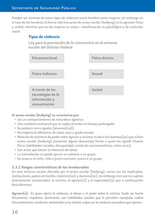 16
Secretaría de Seguridad Pública
Pueden ser víctimas de estos tipos de violencia tanto hombre como mujeres, sin embargo en
el caso de los hombres, la forma más frecuente de acoso escolar (bullying) es la agresión física
y verbal, mientras que en las mujeres su mayor manifestación es psicológica y de exclusión
social.
El acoso escolar (bullying) se caracteriza por:
Ser un comportamiento de naturaleza agresiva.•
Una conducta antisocial que se repite durante un tiempo prolongado.•
Se produce entre iguales [alumnos(as)].•
No importa la diferencia de edad, sexo o grado escolar.•
Relación de asimetría de poder entre agresor y víctima; es decir los alumnos(as) que sufren•
acoso escolar (bullying) presentan alguna desventaja frente a quien los agrede (fuerza
física, habilidades sociales, discapacidad, condición socioeconómica, entre otras).
Son actos que tienen la intención de dañar.•
La intimidación se puede ejercer en solitario o en grupo.•
Se acosa a un niño, niña o joven concreto, nunca a un grupo.•
2.3.2 Rasgos característicos de los involucrados
En este entorno escolar afectado por el acoso escolar (bullying), varios son los implicados:
instituciones, padres de familia, maestros(as) y alumnos(as); sin embargo tres son los sujetos
directamente involucrados: la víctima, el agresor(a) y el espectador(a) que a continuación
describiremos.
Agresor(a).- Es quien ejerce la violencia, el abuso o el poder sobre la víctima. Suele ser fuerte
físicamente, impulsivo, dominante, con habilidades sociales que le permiten manipular, realiza
frecuentemente conductas antisociales y no sienten culpa con la conducta acosadora que ejercen.
 