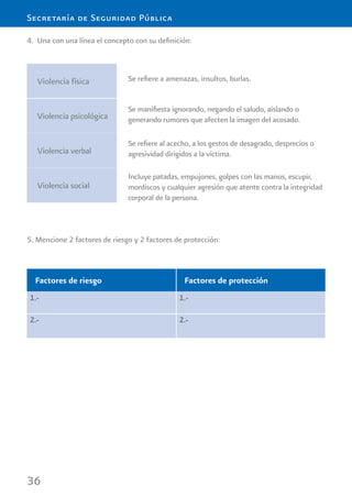 36
Secretaría de Seguridad Pública
5. Mencione 2 factores de riesgo y 2 factores de protección:
Violencia física
Violencia psicológica
Violencia verbal
Violencia social
4. Una con una línea el concepto con su deﬁnición:
Se reﬁere a amenazas, insultos, burlas.
Se maniﬁesta ignorando, negando el saludo, aislando o
generando rumores que afecten la imagen del acosado.
Se reﬁere al acecho, a los gestos de desagrado, desprecios o
agresividad dirigidos a la víctima.
Incluye patadas, empujones, golpes con las manos, escupir,
mordiscos y cualquier agresión que atente contra la integridad
corporal de la persona.
Factores de riesgo Factores de protección
1.- 1.-
2.- 2.-
 