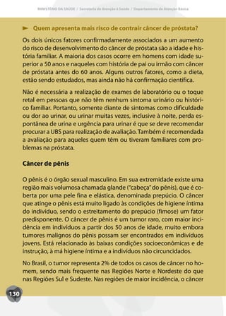 MINISTÉRIO DA SAÚDE / Secretaria de Atenção à Saúde / Departamento de Atenção Básica




          Quem apresenta mais risco de contrair câncer de próstata?
      Os dois únicos fatores confirmadamente associados a um aumento
      do risco de desenvolvimento do câncer de próstata são a idade e his-
      tória familiar. A maioria dos casos ocorre em homens com idade su-
      perior a 50 anos e naqueles com história de pai ou irmão com câncer
      de próstata antes do 60 anos. Alguns outros fatores, como a dieta,
      estão sendo estudados, mas ainda não há confirmação científica.
      Não é necessária a realização de exames de laboratório ou o toque
      retal em pessoas que não têm nenhum sintoma urinário ou históri-
      co familiar. Portanto, somente diante de sintomas como dificuldade
      ou dor ao urinar, ou urinar muitas vezes, inclusive à noite, perda es-
      pontânea de urina e urgência para urinar é que se deve recomendar
      procurar a UBS para realização de avaliação. Também é recomendada
      a avaliação para aqueles quem têm ou tiveram familiares com pro-
      blemas na próstata.

      Câncer de pênis

      O pênis é o órgão sexual masculino. Em sua extremidade existe uma
      região mais volumosa chamada glande (“cabeça” do pênis), que é co-
      berta por uma pele fina e elástica, denominada prepúcio. O câncer
      que atinge o pênis está muito ligado às condições de higiene íntima
      do indivíduo, sendo o estreitamento do prepúcio (fimose) um fator
      predisponente. O câncer de pênis é um tumor raro, com maior inci-
      dência em indivíduos a partir dos 50 anos de idade, muito embora
      tumores malignos do pênis possam ser encontrados em indivíduos
      jovens. Está relacionado às baixas condições socioeconômicas e de
      instrução, à má higiene íntima e a indivíduos não circuncidados.
      No Brasil, o tumor representa 2% de todos os casos de câncer no ho-
      mem, sendo mais frequente nas Regiões Norte e Nordeste do que
      nas Regiões Sul e Sudeste. Nas regiões de maior incidência, o câncer

130
 