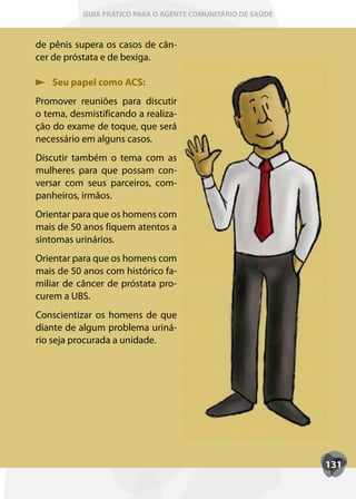 GUIA PRÁTICO PARA O AGENTE COMUNITÁRIO DE SAÚDE



de pênis supera os casos de cân-
cer de próstata e de bexiga.

    Seu papel como ACS:
Promover reuniões para discutir
o tema, desmistificando a realiza-
ção do exame de toque, que será
necessário em alguns casos.
Discutir também o tema com as
mulheres para que possam con-
versar com seus parceiros, com-
panheiros, irmãos.
Orientar para que os homens com
mais de 50 anos fiquem atentos a
sintomas urinários.
Orientar para que os homens com
mais de 50 anos com histórico fa-
miliar de câncer de próstata pro-
curem a UBS.
Conscientizar os homens de que
diante de algum problema uriná-
rio seja procurada a unidade.




                                                             131
 