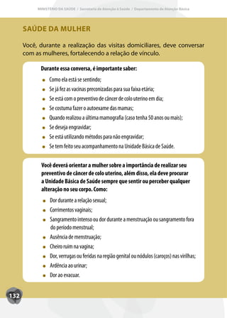 MINISTÉRIO DA SAÚDE / Secretaria de Atenção à Saúde / Departamento de Atenção Básica




      SAÚDE DA MULHER

      Você, durante a realização das visitas domiciliares, deve conversar
      com as mulheres, fortalecendo a relação de vínculo.

            Durante essa conversa, é importante saber:
                 Como ela está se sentindo;
                 Se já fez as vacinas preconizadas para sua faixa etária;
                 Se está com o preventivo de câncer de colo uterino em dia;
                 Se costuma fazer o autoexame das mamas;
                 Quando realizou a última mamografia (caso tenha 50 anos ou mais);
                 Se deseja engravidar;
                 Se está utilizando métodos para não engravidar;
                 Se tem feito seu acompanhamento na Unidade Básica de Saúde.

             Você deverá orientar a mulher sobre a importância de realizar seu
             preventivo de câncer de colo uterino, além disso, ela deve procurar
             a Unidade Básica de Saúde sempre que sentir ou perceber qualquer
             alteração no seu corpo. Como:
                 Dor durante a relação sexual;
                 Corrimentos vaginais;
                 Sangramento intenso ou dor durante a menstruação ou sangramento fora
                 do período menstrual;
                 Ausência de menstruação;
                 Cheiro ruim na vagina;
                 Dor, verrugas ou feridas na região genital ou nódulos (caroços) nas virilhas;
                 Ardência ao urinar;
                 Dor ao evacuar.


132
 