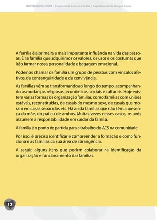 MINISTÉRIO DA SAÚDE / Secretaria de Atenção à Saúde / Departamento de Atenção Básica




     A família é a primeira e mais importante influência na vida das pesso-
     as. É na família que adquirimos os valores, os usos e os costumes que
     irão formar nossa personalidade e bagagem emocional.
     Podemos chamar de família um grupo de pessoas com vínculos afe-
     tivos, de consanguinidade e de convivência.
     As famílias vêm se transformando ao longo do tempo, acompanhan-
     do as mudanças religiosas, econômicas, sociais e culturais. Hoje exis-
     tem várias formas de organização familiar, como: famílias com uniões
     estáveis, reconstituídas, de casais do mesmo sexo, de casais que mo-
     ram em casas separadas etc. Há ainda famílias que não têm a presen-
     ça da mãe, do pai ou de ambos. Muitas vezes nesses casos, os avós
     assumem a responsabilidade em cuidar da família.
     A família é o ponto de partida para o trabalho do ACS na comunidade.
     Por isso, é preciso identificar e compreender a formação e como fun-
     cionam as famílias da sua área de abrangência.
     A seguir, alguns itens que podem colaborar na identificação da
     organização e funcionamento das famílias.




12
 
